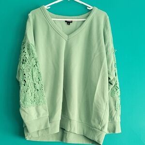 Green V-Neck Sweater with Lace Sleeves